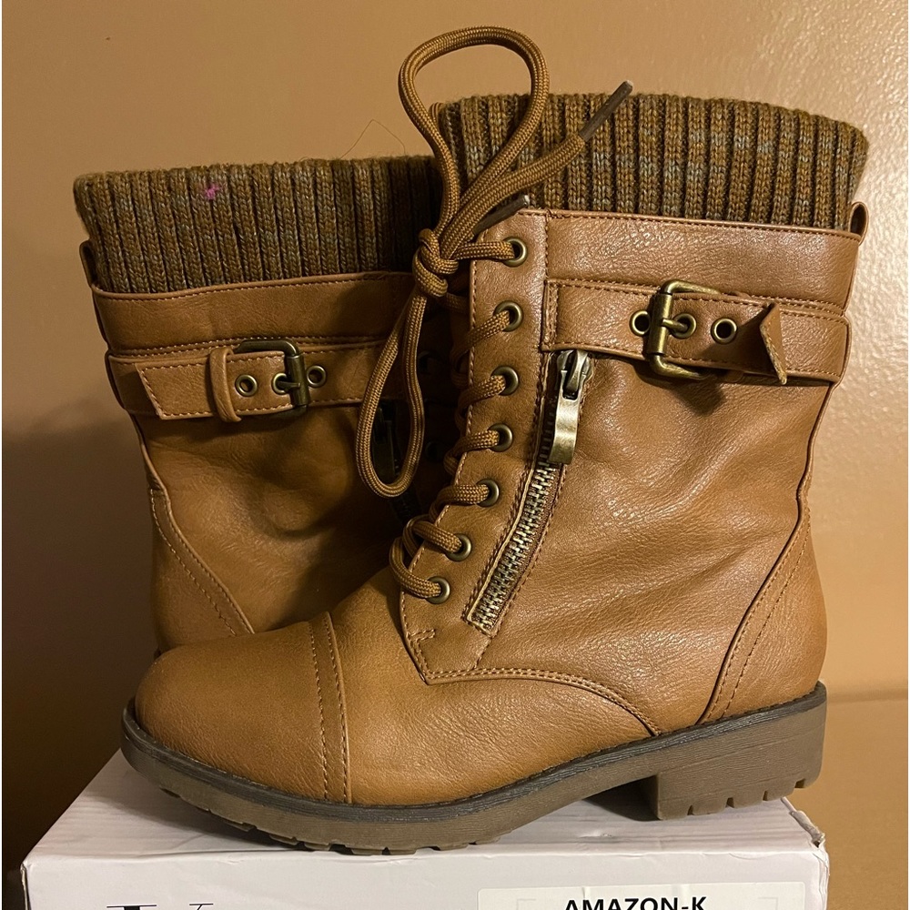 Girls tan leather boot with sweater knit